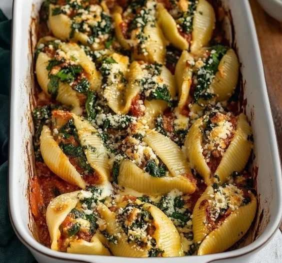 Vegan stuffed shells filled with creamy plant-based ingredients, baked to perfection.