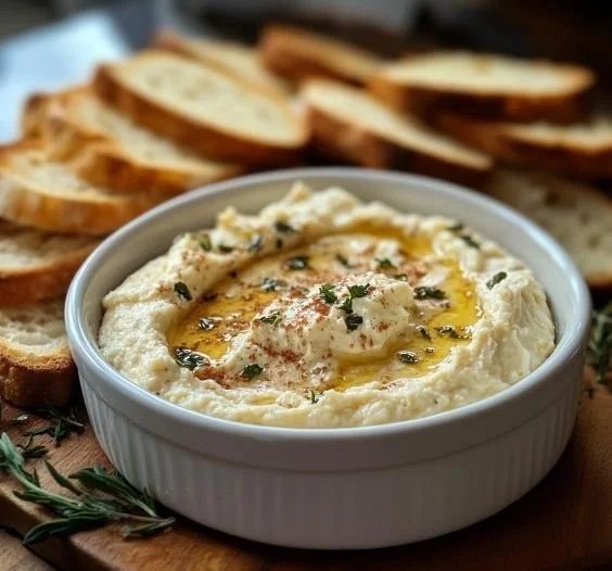 Delicious warm Boursin dip served in a bowl, perfect for appetizers.