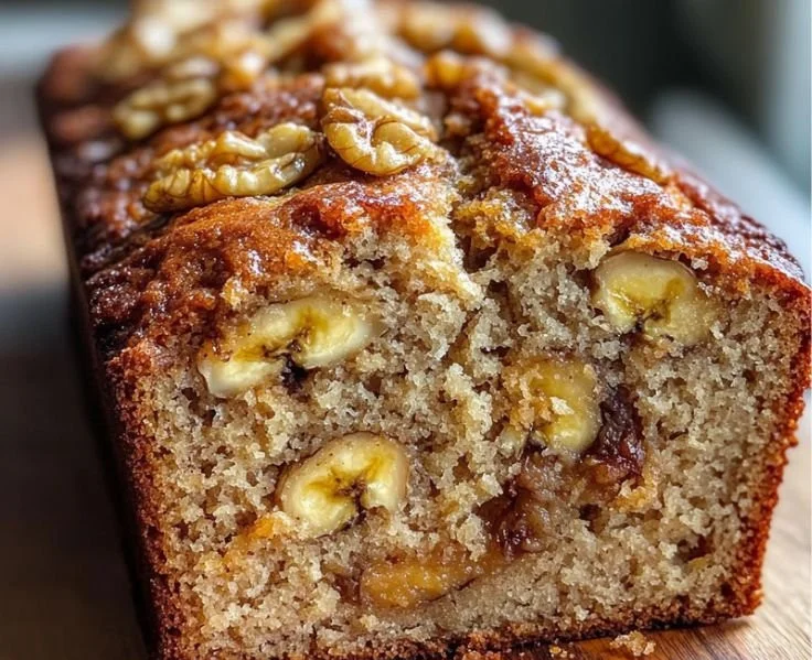 Loaf of the world's best banana bread on a wooden cutting board