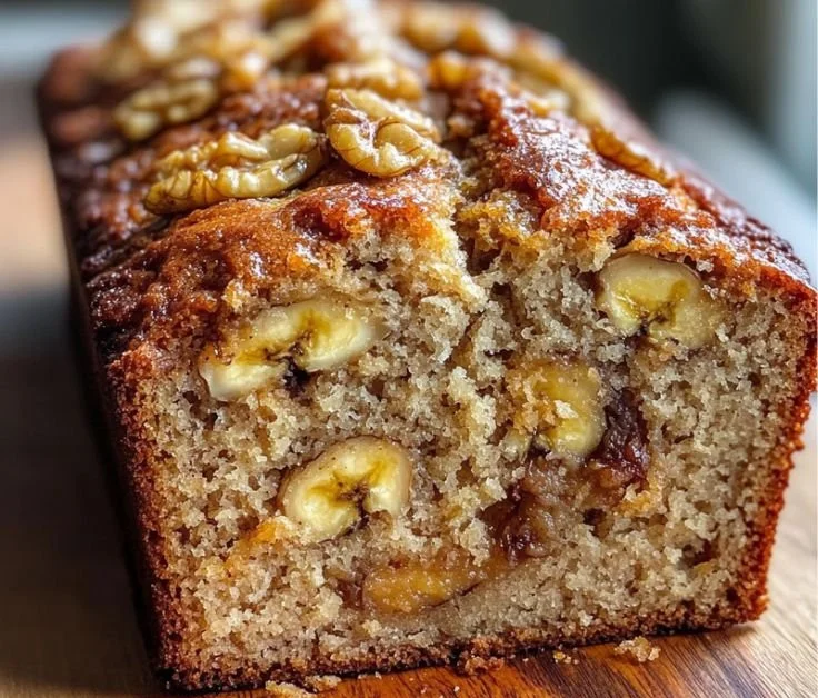 Slice of the world's best banana bread on a wooden cutting board