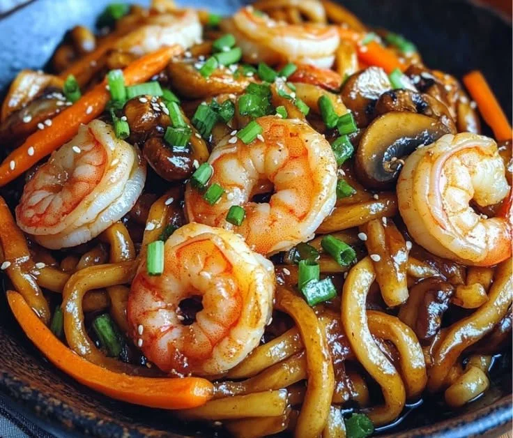 Yaki Udon with shrimp garnished with colorful vegetables in a bowl