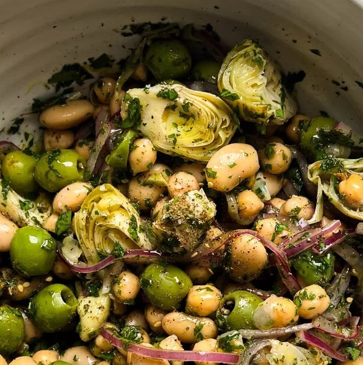 Colorful Za'atar Bean Salad with fresh ingredients and herbs.