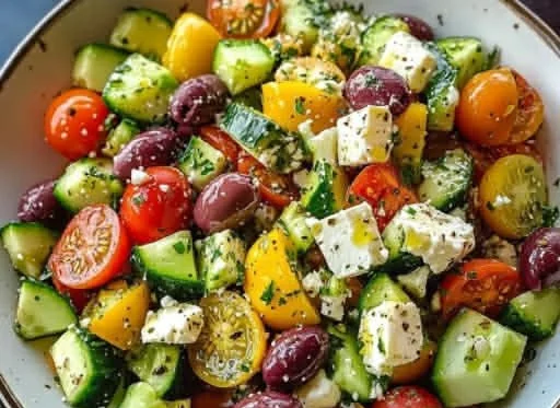 Zesty Mediterranean Avocado Salad with colorful vegetables and dressing