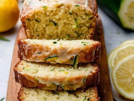 Sliced zucchini bread with lemon on a wooden table