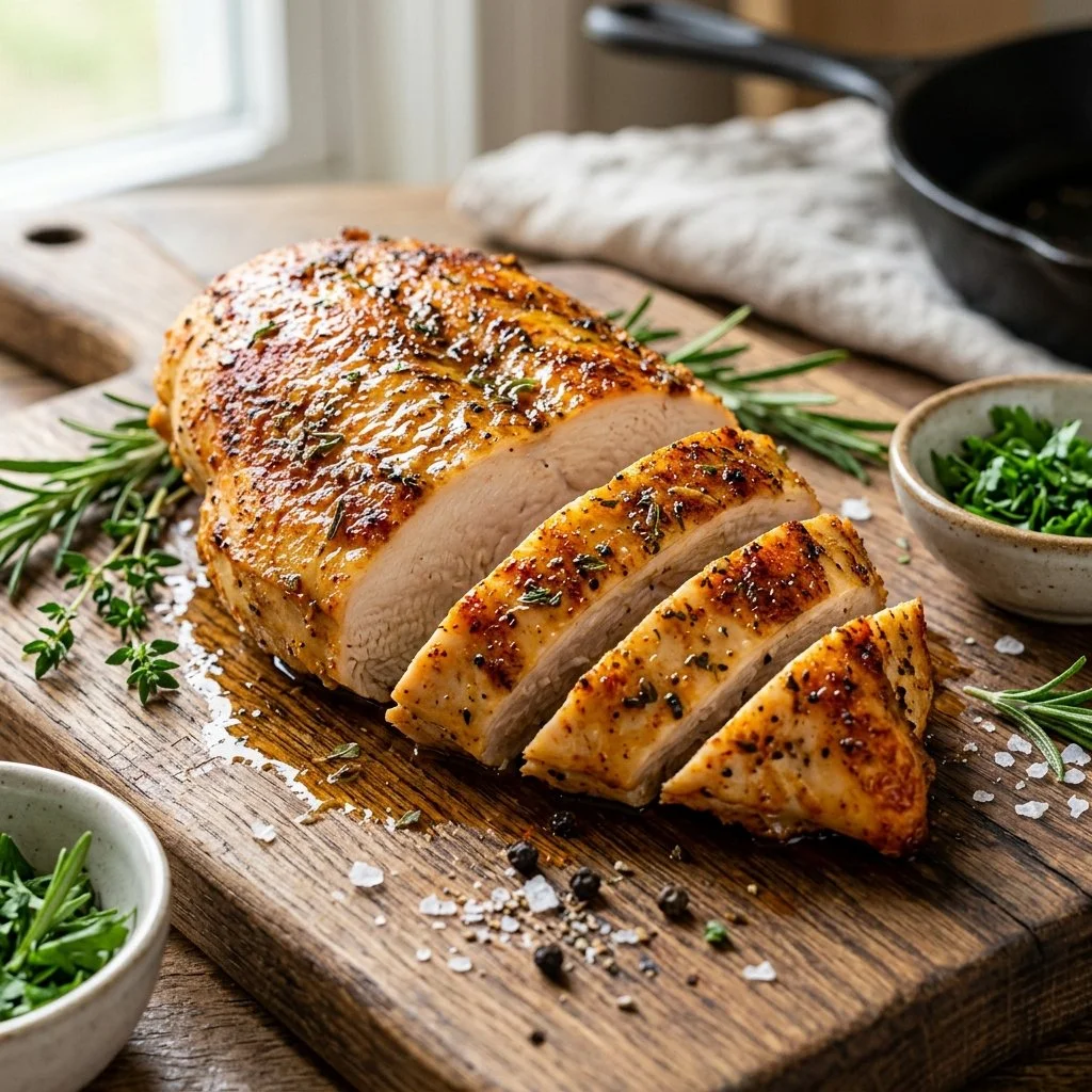 Delicious air fryer chicken breast served on a plate with herbs and spices