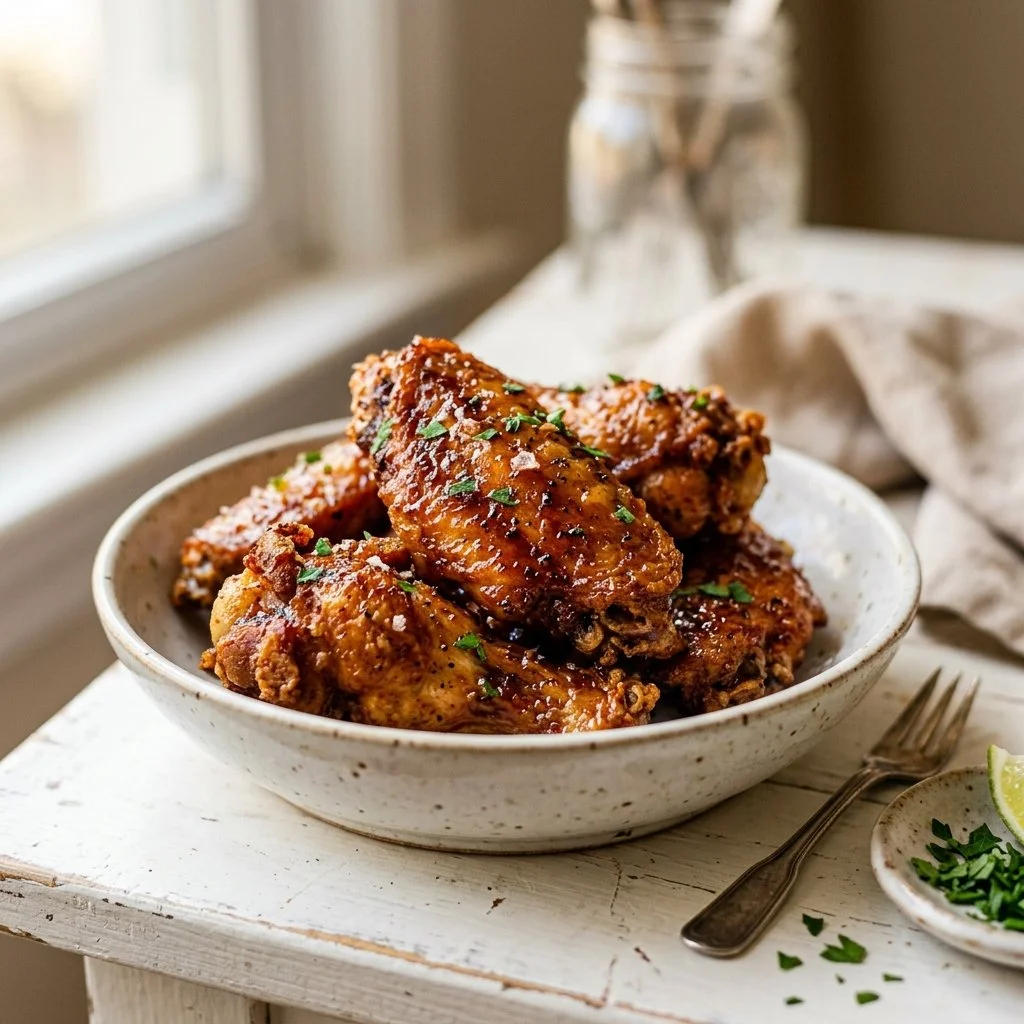 Crispy air fryer chicken wings served on a plate with dipping sauce