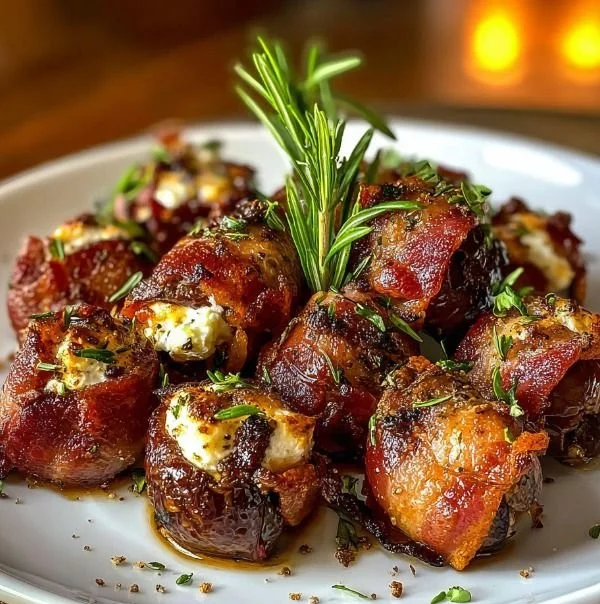 Air fryer goat cheese stuffed dates wrapped in bacon on a serving platter.