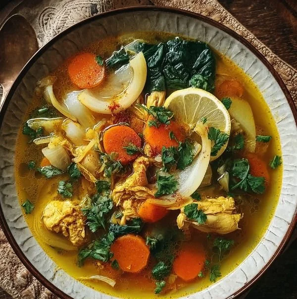 Bowl of Anti-Inflammatory Turmeric Chicken Soup with fresh herbs
