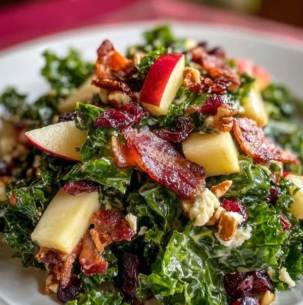 Fresh Apple Cranberry Bacon Kale Salad with vibrant ingredients on a plate
