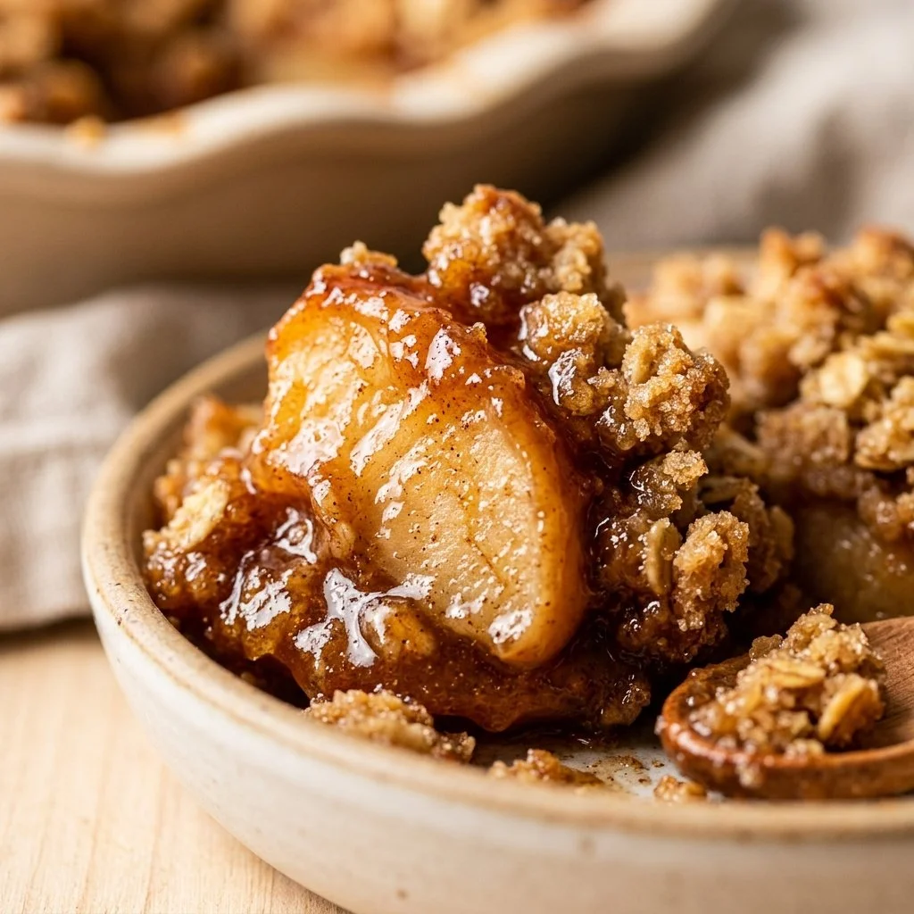 Delicious homemade Apple Crisp with a golden oat topping and fresh apples