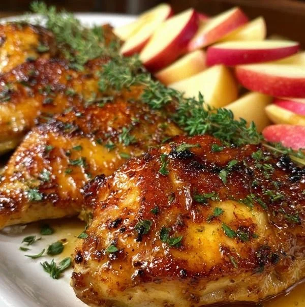 Delicious Apple Maple Chicken served on a plate with garnishes