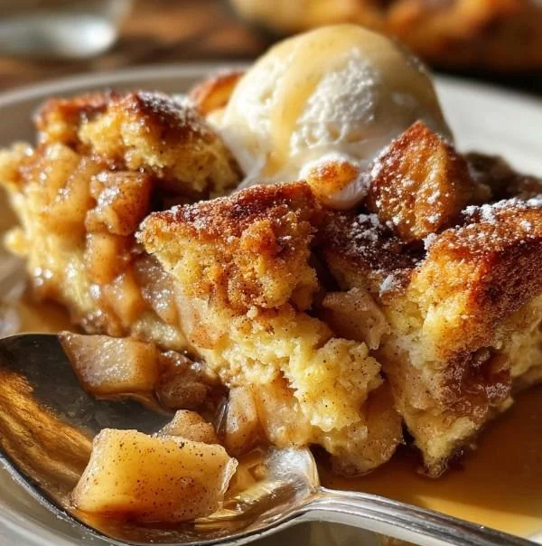 Delicious apple pie bread pudding topped with whipped cream