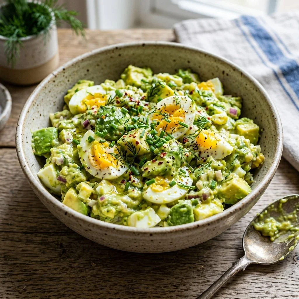 Creamy avocado egg salad in a bowl with fresh herbs and spices.