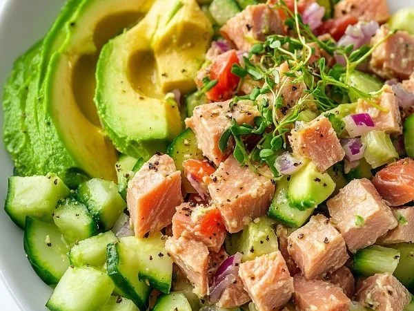 Avocado Tuna Salad garnished with fresh herbs, served in a bowl