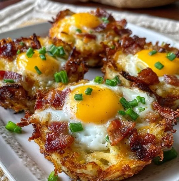 Bacon and egg muffins baked in crispy hash brown cups