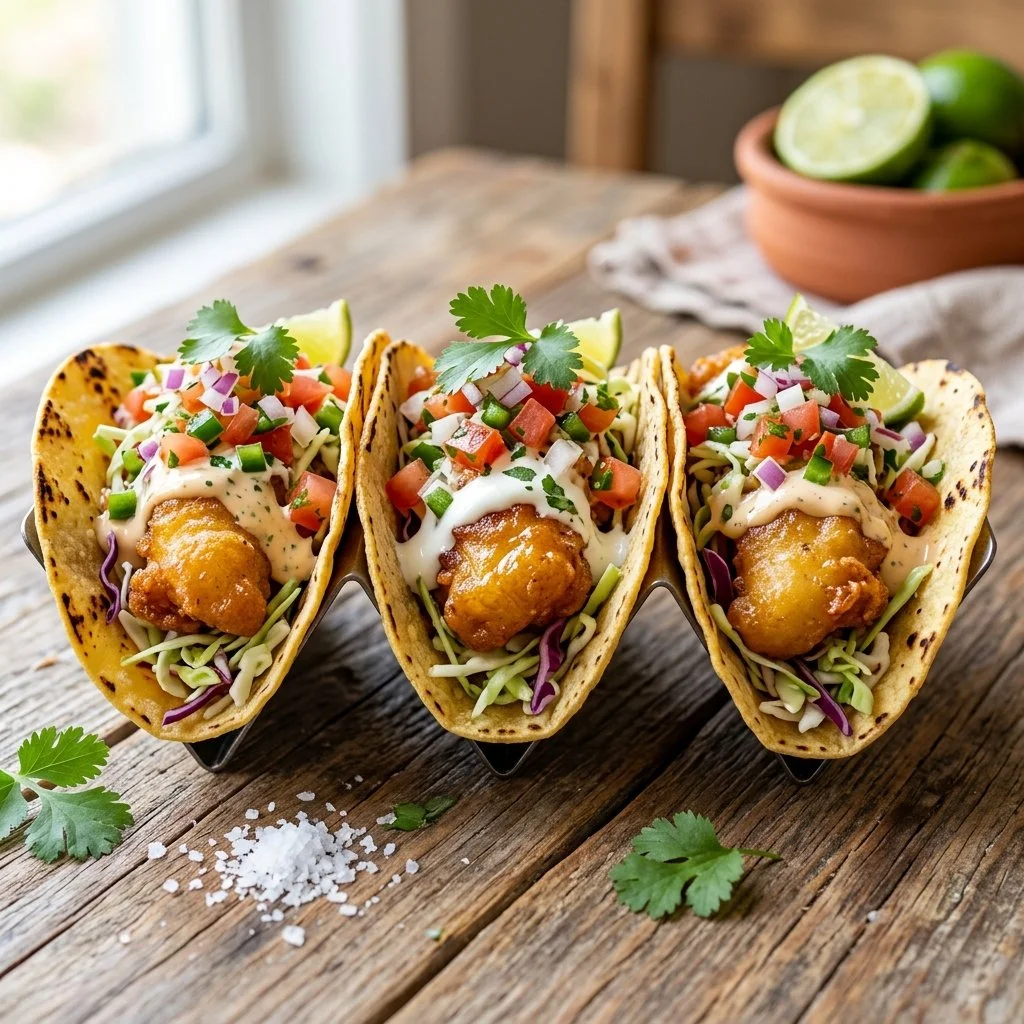 Delicious Baja Fish Tacos topped with fresh ingredients and served on a plate