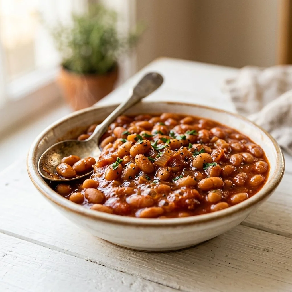 A bowl of homemade baked beans garnished with fresh herbs.