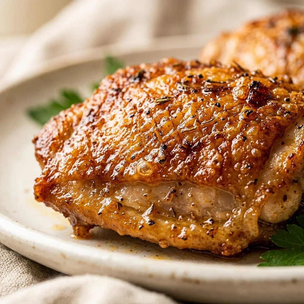 Delicious baked chicken thighs seasoned and roasted to perfection