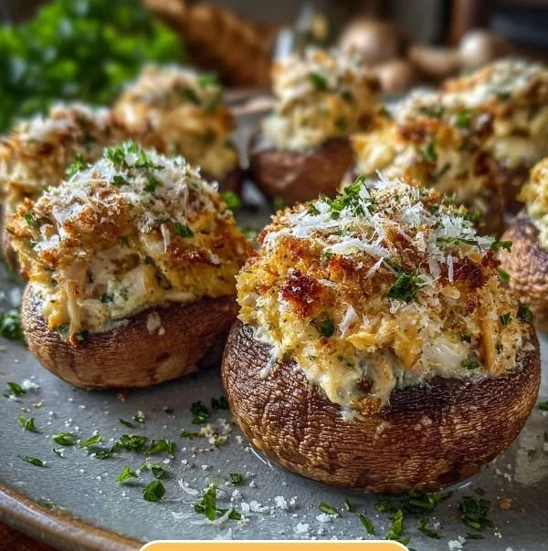 Baked crab-stuffed mushrooms with garlic herb cream cheese appetizer
