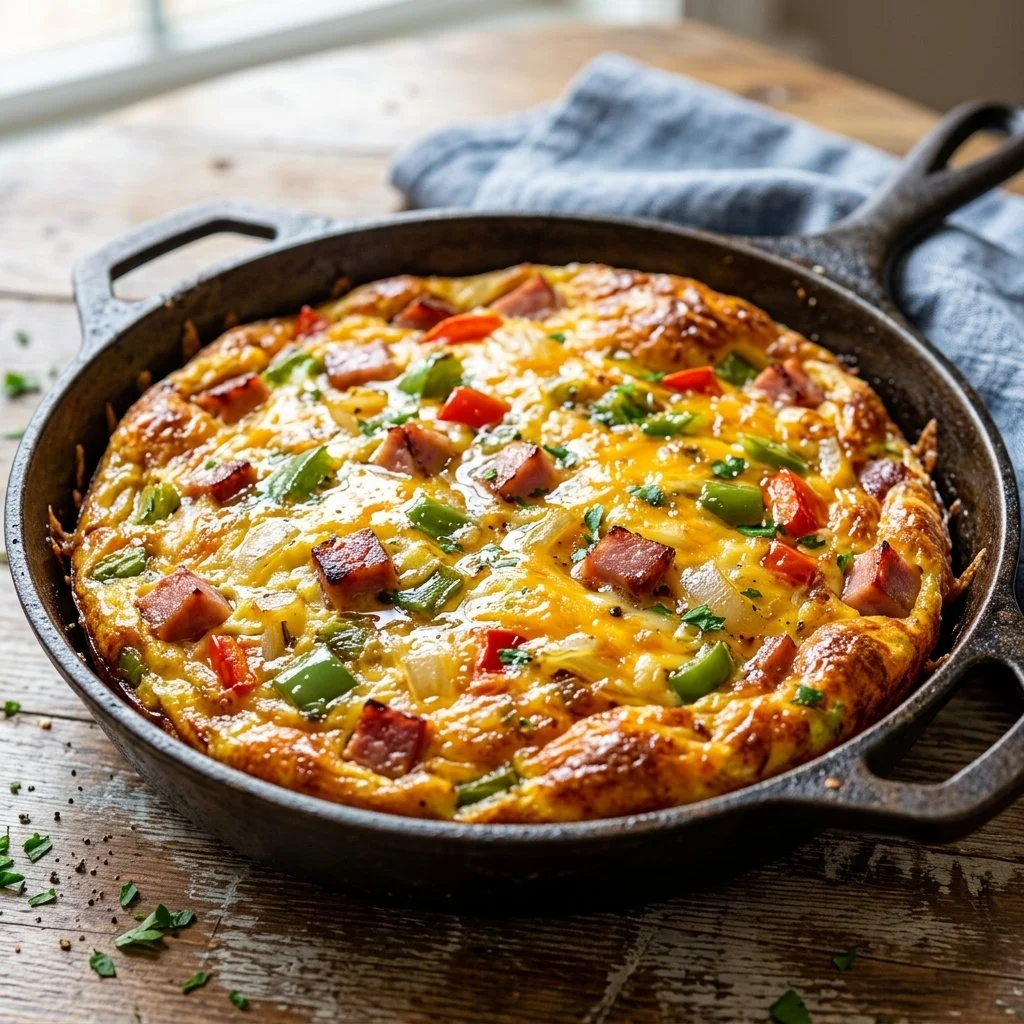 Baked Denver omelet with peppers, onions, and cheese on a plate