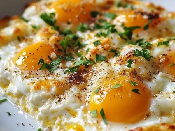 Baked eggs dish with cottage cheese, fresh herbs, and toppings.