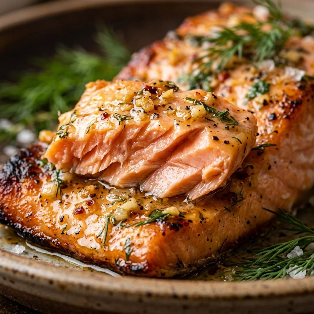 Baked garlic butter salmon fillet garnished with herbs and lemon slices