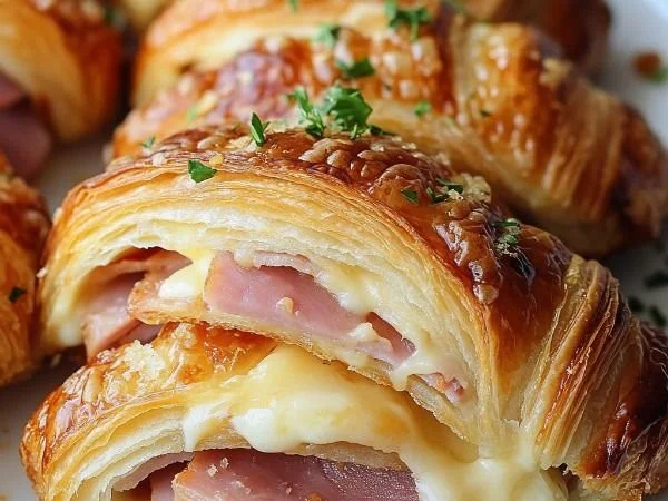 Baked ham and cheese croissants on a plate, golden and flaky