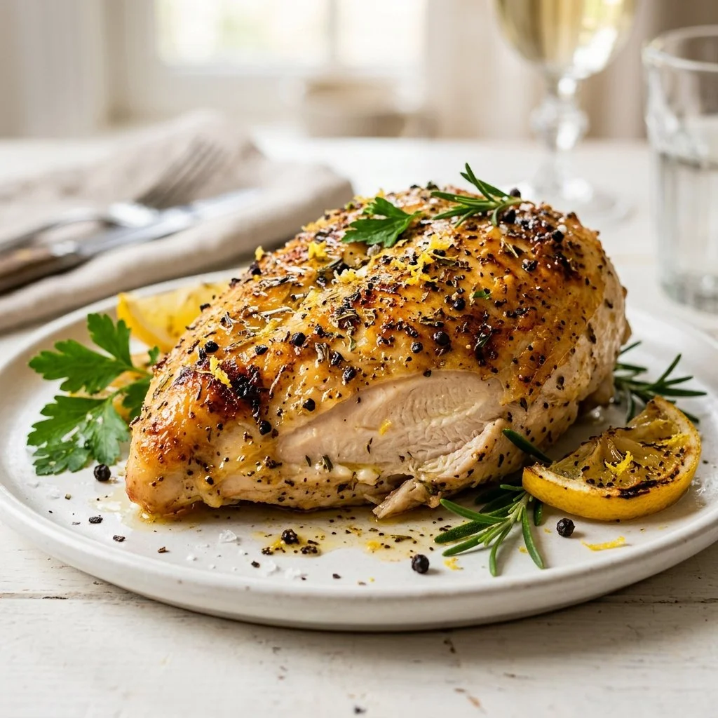 Baked lemon pepper chicken garnished with fresh herbs on a white plate