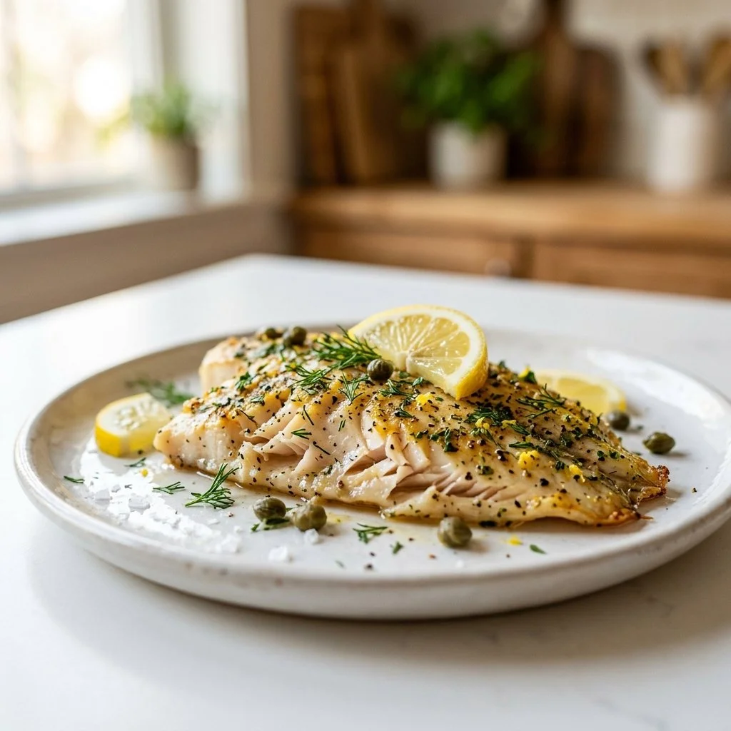 Delicious baked tilapia served with fresh herbs and lemon slices.