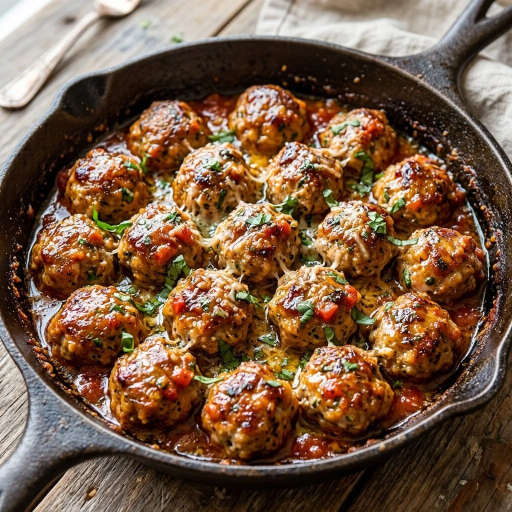 Baked turkey meatballs on a plate with garnish