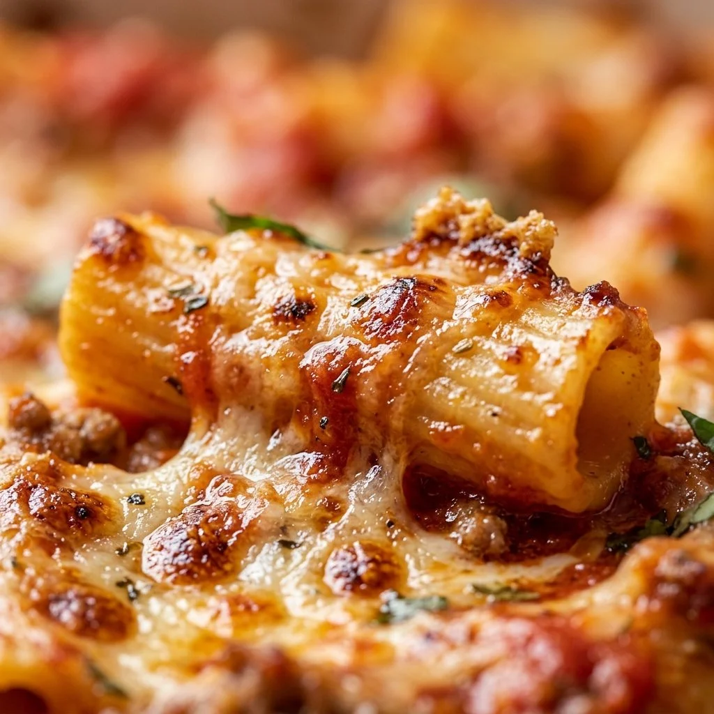 Delicious baked ziti with melted cheese and marinara sauce in a casserole dish