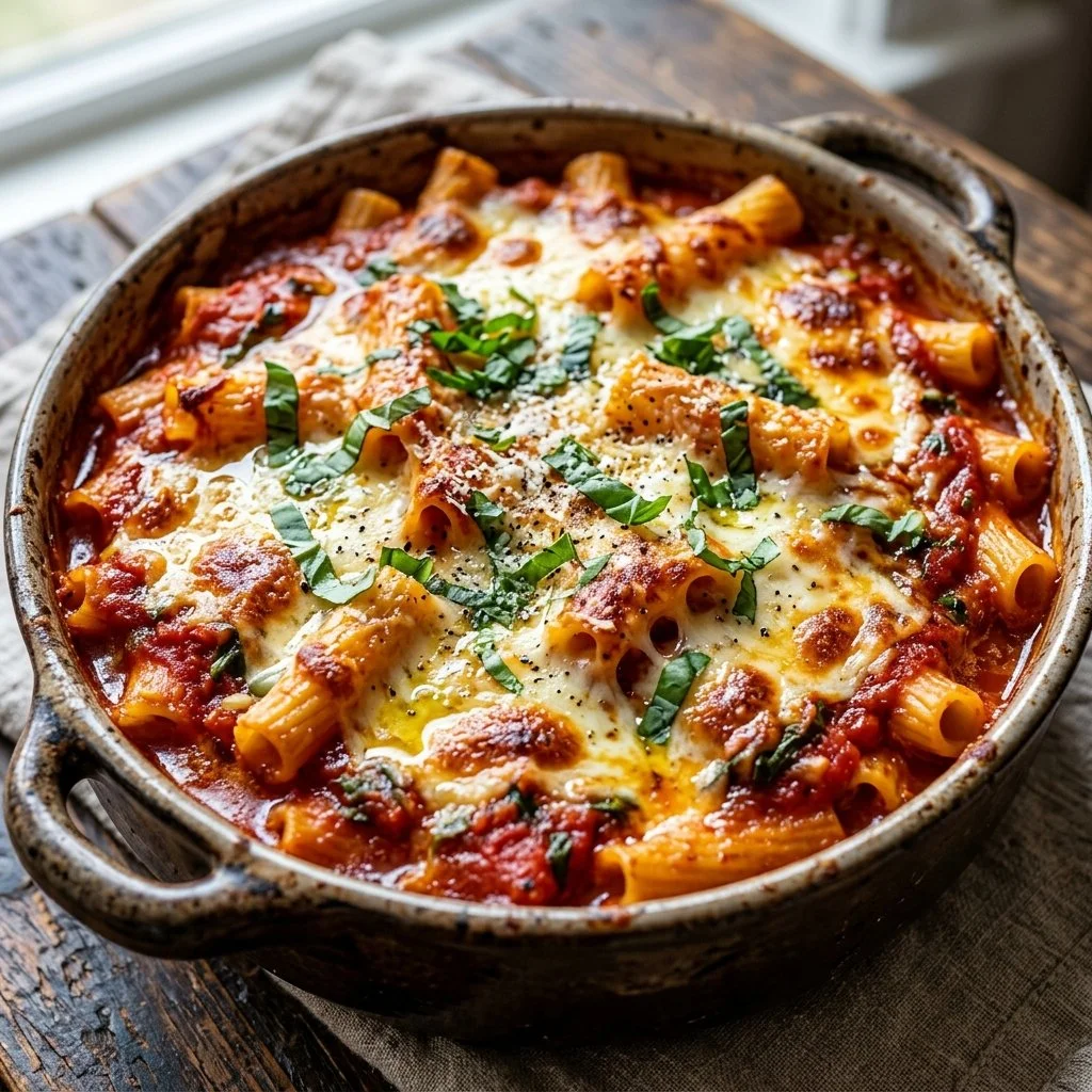 Delicious Baked Ziti topped with cheese and herbs, ready to serve.