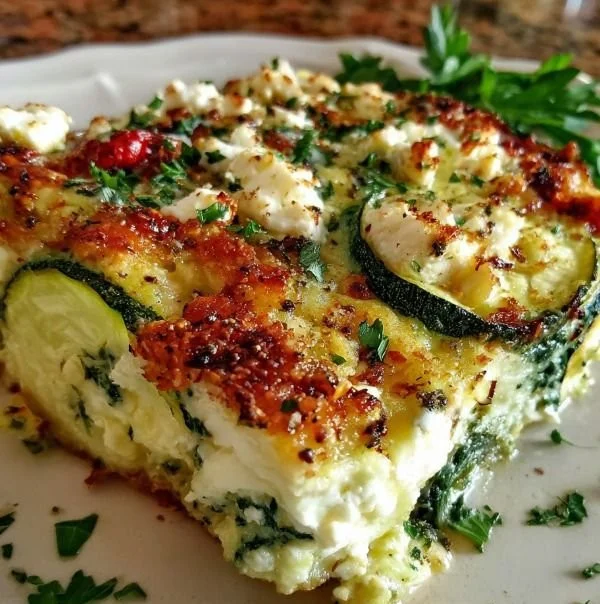 Baked zucchini, spinach, and feta casserole in a ceramic dish
