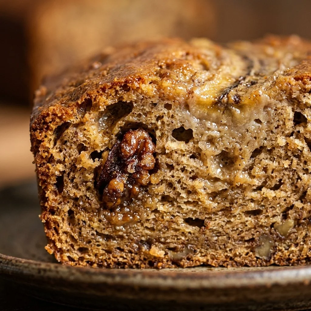 Freshly baked banana bread loaf with slices on a wooden cutting board