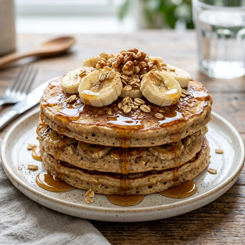 Deliciously fluffy Banana Oat Pancakes stacked on a plate with banana slices