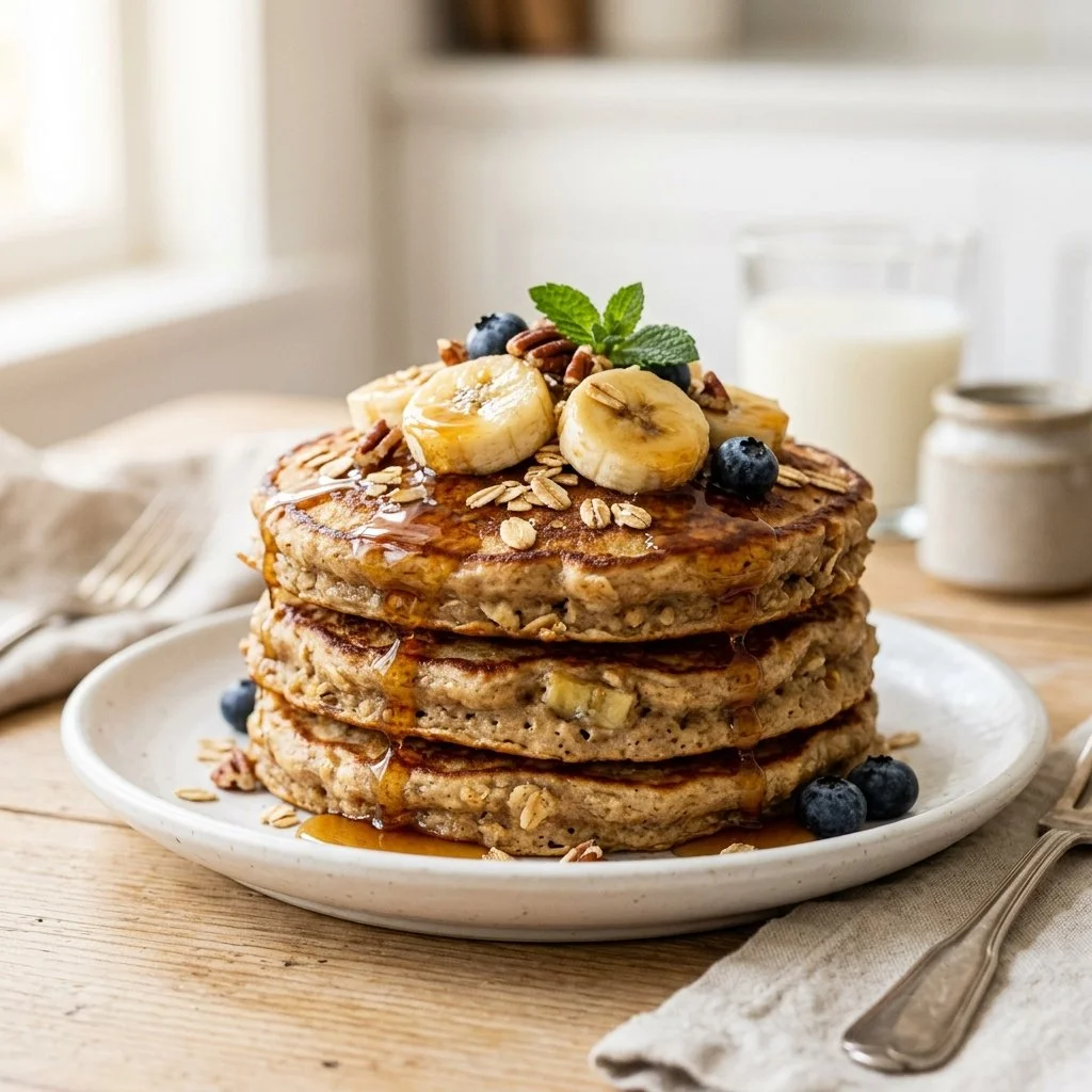 Delicious banana oat pancakes served with maple syrup and fresh banana slices.