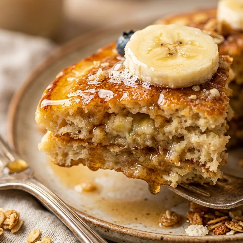 Delicious fluffy banana pancakes topped with fresh bananas and syrup