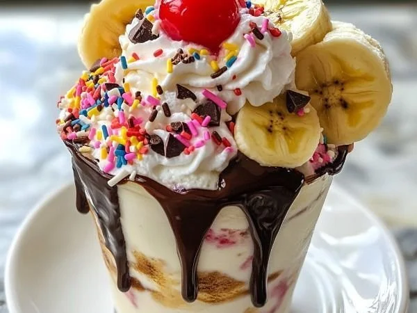Delicious banana split milkshake topped with whipped cream and cherries