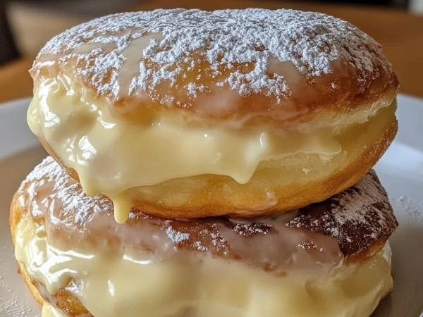 Homemade Bavarian Cream Donuts with a creamy filling and sugar glaze