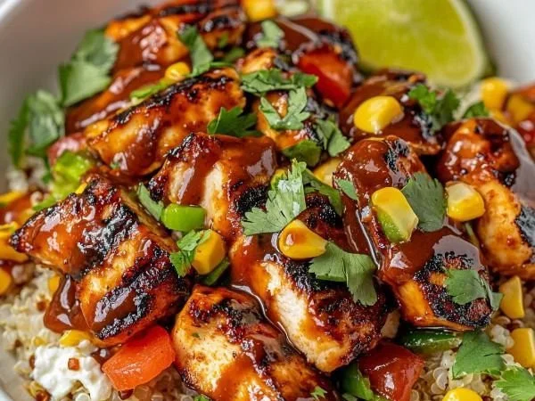 BBQ Chicken Bowl with Cottage Cheese topped with fresh ingredients