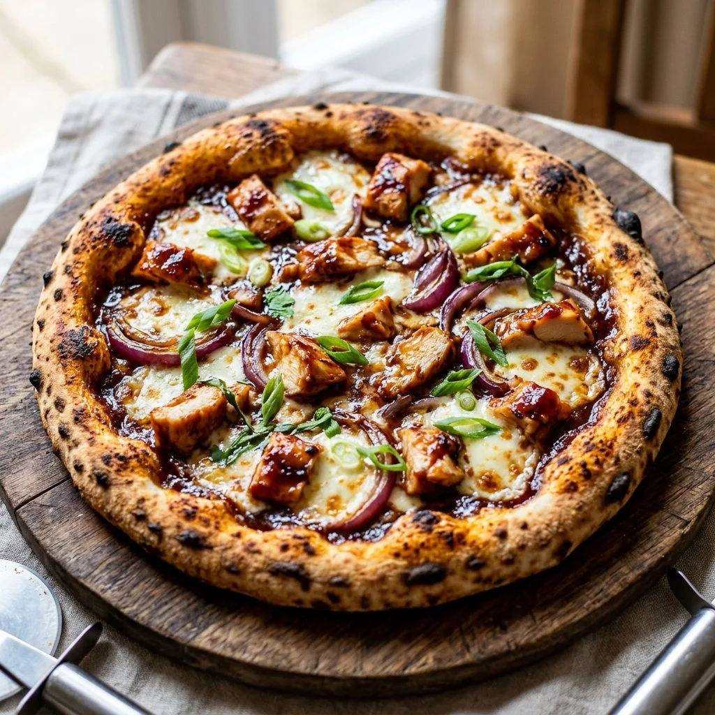 Delicious BBQ Chicken Pizza topped with cheese, chicken, and barbecue sauce