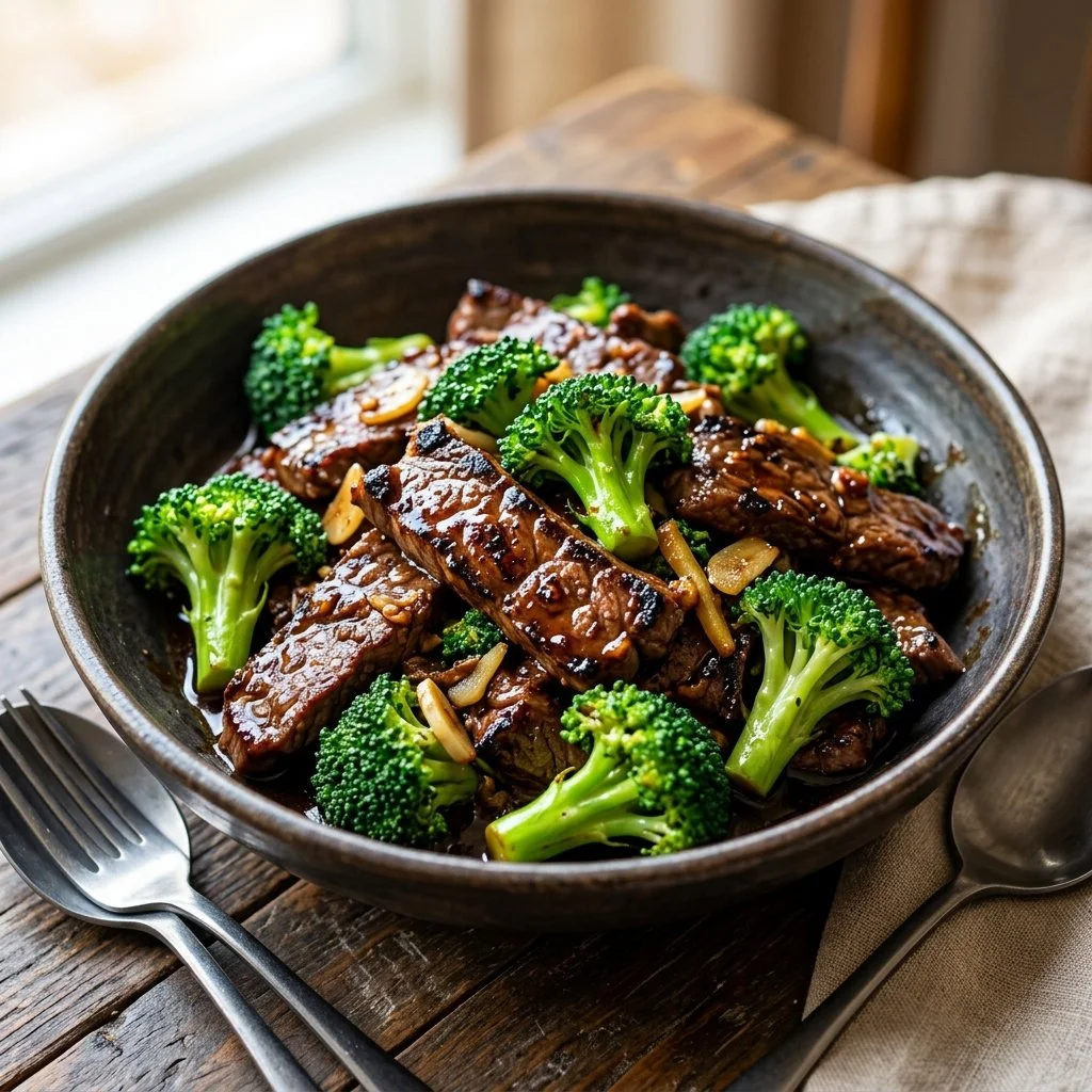 Beef and Broccoli Stir Fry served in a bowl with chopsticks