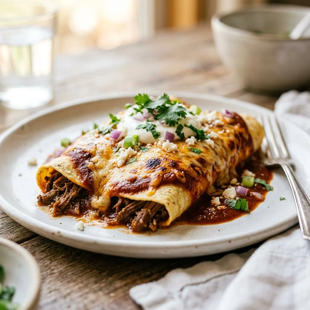 Plated beef enchiladas topped with cheese and salsa