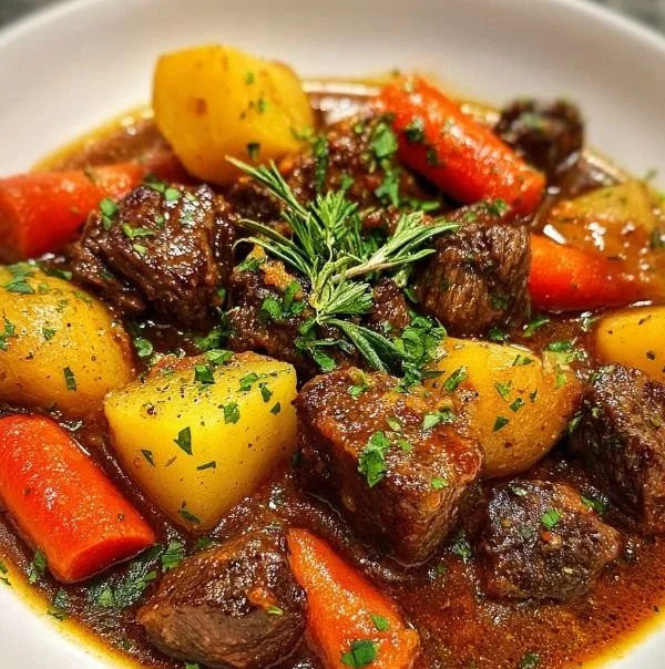 Delicious beef stew simmering in a crockpot with vegetables and herbs