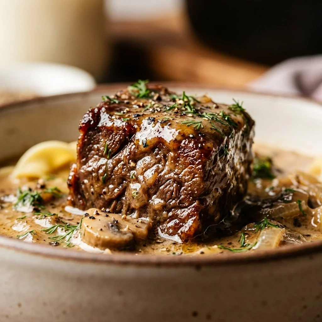 Delicious Beef Stroganoff served with noodles and garnished with parsley.