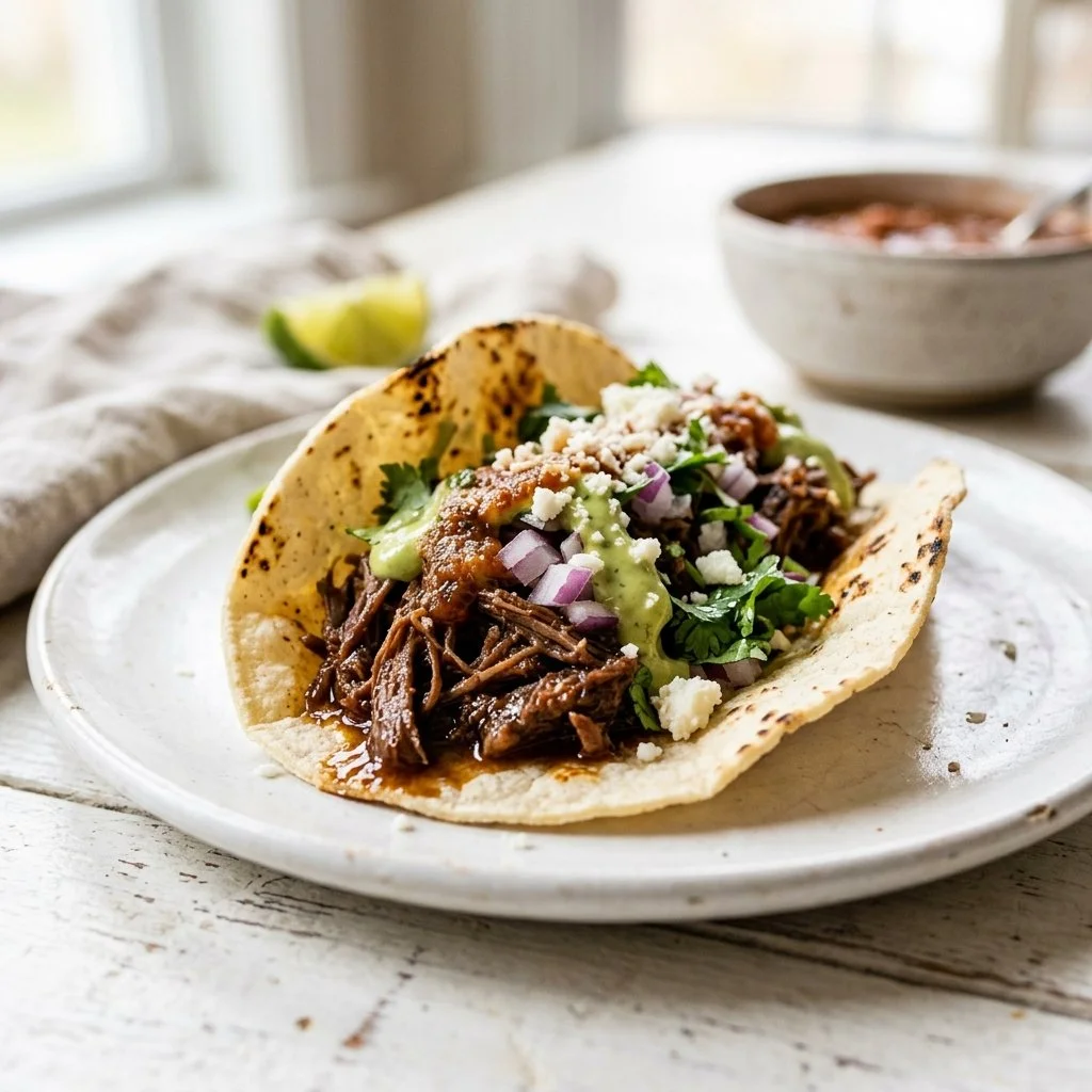 Delicious beef tacos topped with fresh ingredients, ready to enjoy.
