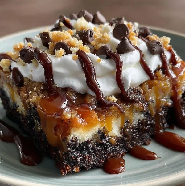 Delicious Better Than Anything Bars topped with chocolate and caramel sauce.
