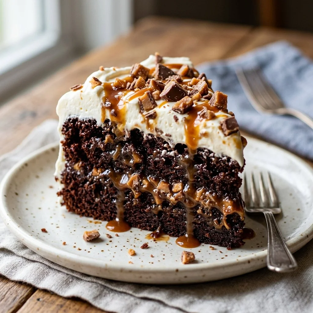 Delicious slice of Better Than Anything Cake topped with whipped cream and chocolate