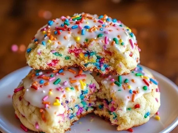 Delicious homemade birthday cake cookies on a plate with colorful sprinkles.