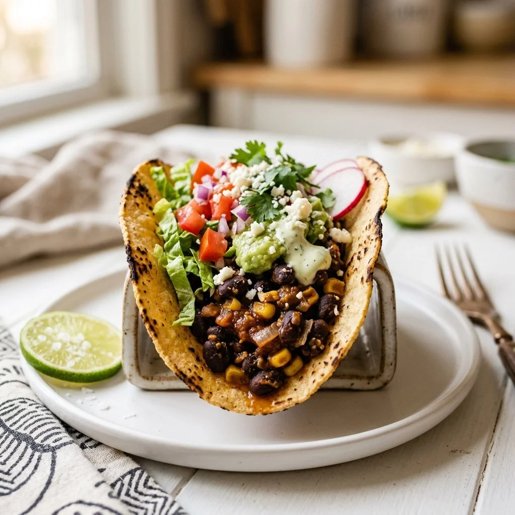 Delicious black bean tacos served with fresh toppings and garnishes